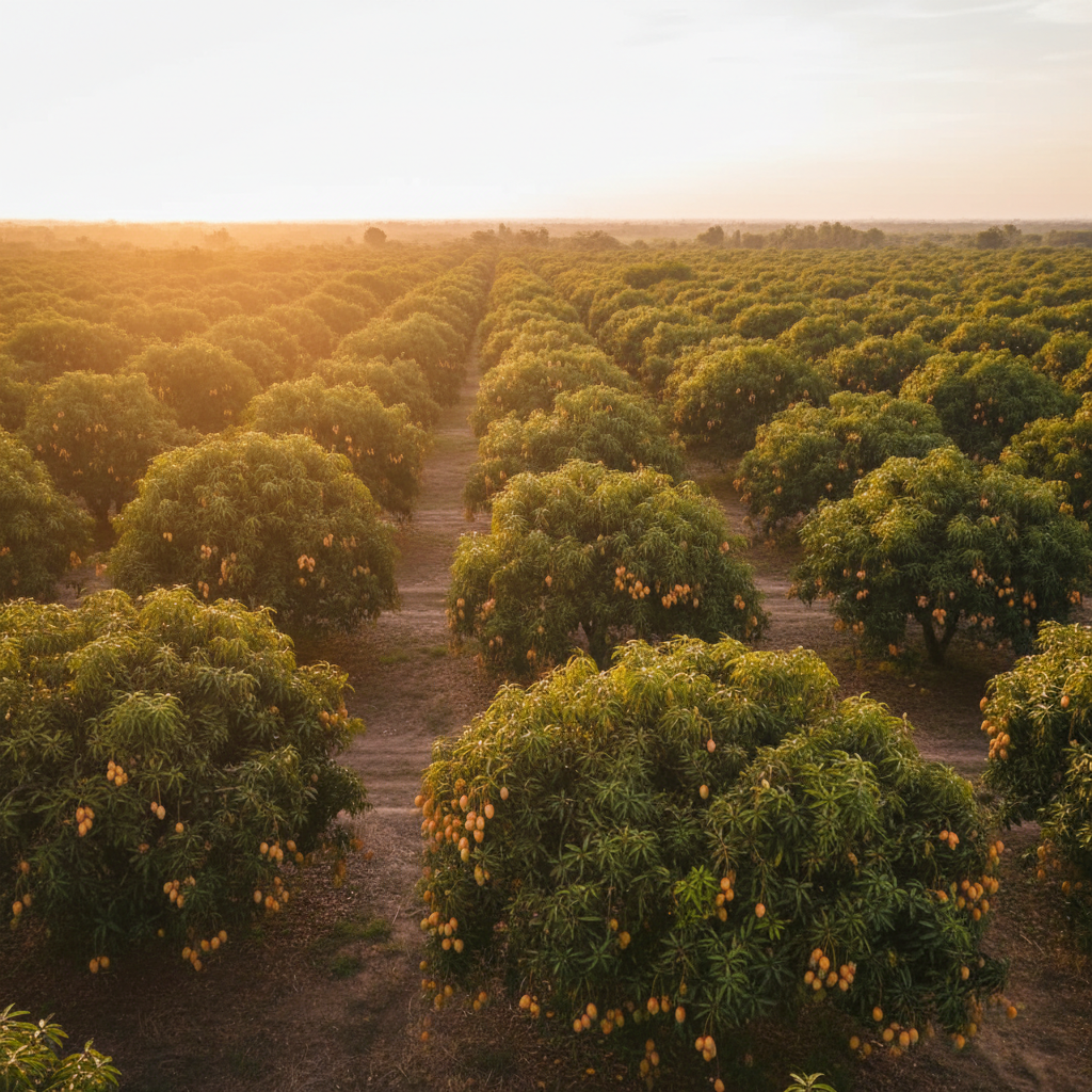 Aerial view of a vast mango orchard at golden hour with lush green trees and ripe mangoes